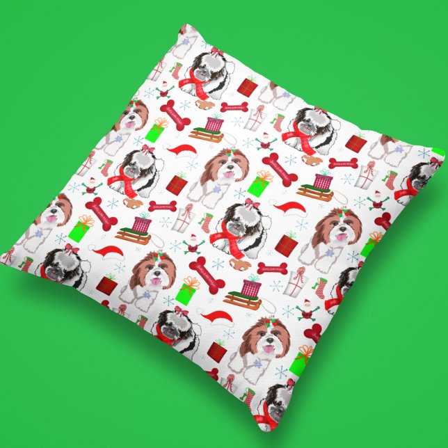 Adorable Shih Tzu Christmas Seamless Pattern Throw Pillow (Creator Uploaded)