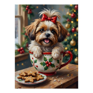 Adorable Shih Tzu Dog in Christmas Mug Cozy Art Poster