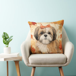 ADORABLE SHIH TZU DOG WITH FALL LEAVES THROW PILLOW