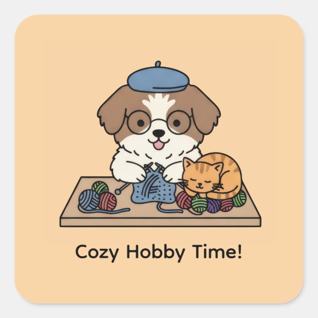 Adorable Shih Tzu Knitting Cartoon Craft Party Square Sticker (Front)