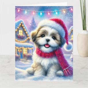 Adorable Shih Tzu Puppy in Christmas Village Card