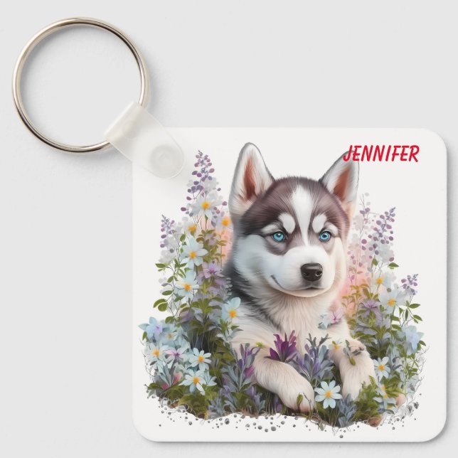 Adorable Siberian Husky Puppy Dog Keychain (Front)