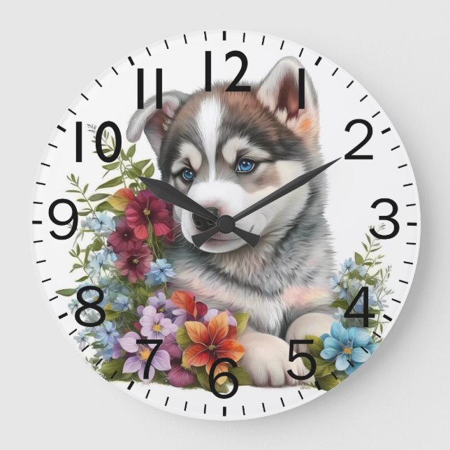 Adorable Siberian Husky Puppy Dog Large Clock (Front)