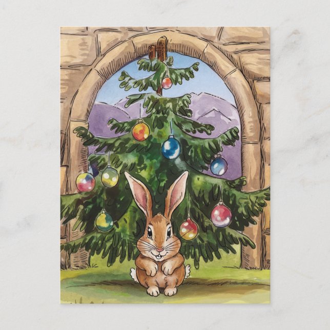 Adorable Silly Christmas Rabbit Under the Tree Postcard (Front)