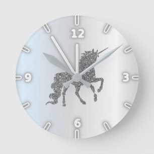 Adorable Silver Glitter Unicorn Round Clock