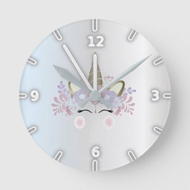 Adorable Silver Magical Floral Unicorn Round Clock (Front)