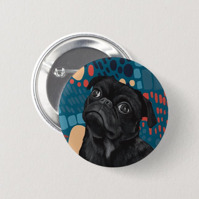 Adorable Sitting Black Pug Dog on Blue Abstract  2 Inch Round Button (Front & Back)