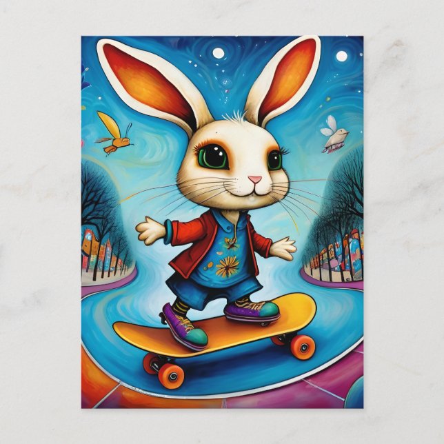 Adorable Skateboarding Rabbit Postcard (Front)