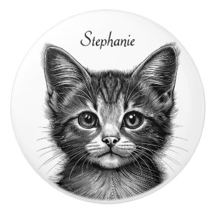 Adorable Sketch of Young Cat   Ceramic Knob