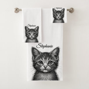 Adorable Sketch of Young Cat Personal Bath Towel Set