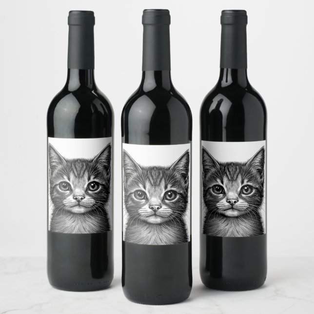 Adorable Sketch of Young Cat   Wine Label (Bottles)