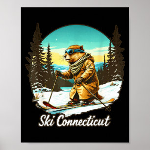Adorable skiing beaver illustration connect with poster