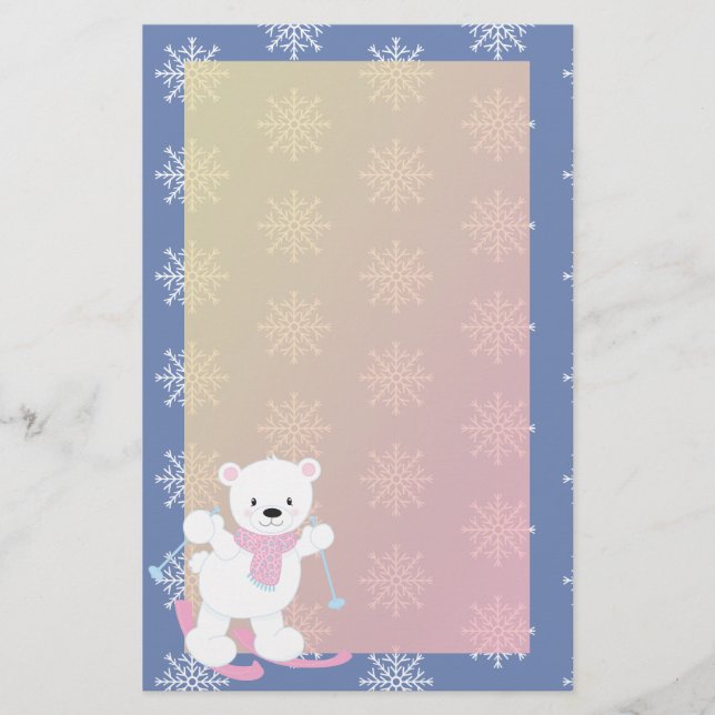 Adorable Skiing Polar Bear Stationery (Front)