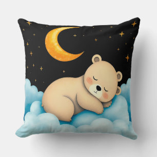 Adorable Sleeping Bear on Clouds Under Moonlit Throw Pillow