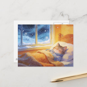 Adorable Sleeping Cat Winter Snow Outside Postcard
