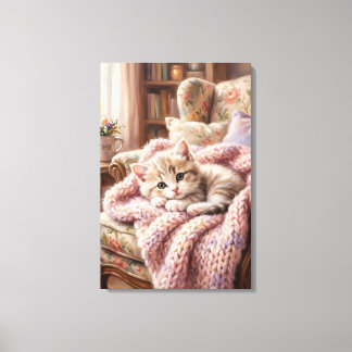 Adorable Sleeping Kitten on Teddy Bear Oil Paintin Canvas Print