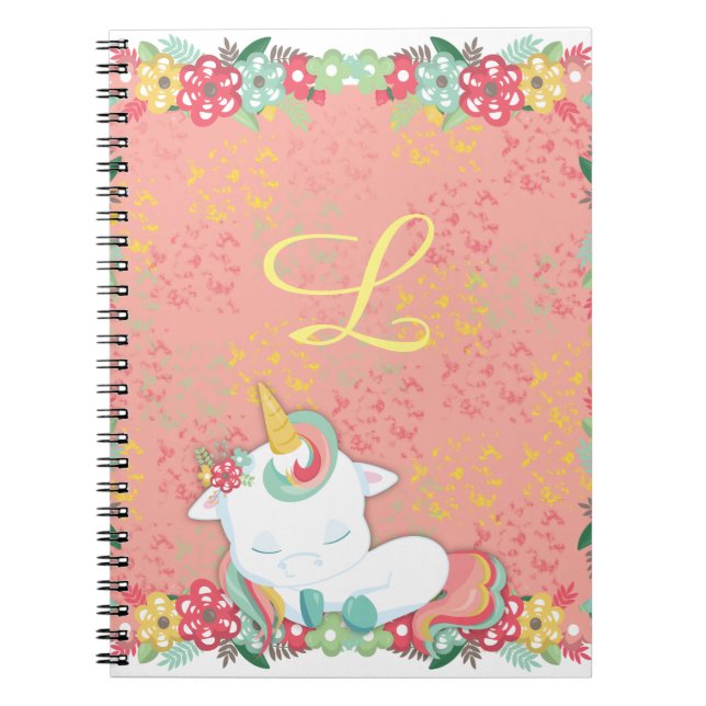 Adorable Sleeping Unicorn and Flowers Monogrammed Notebook (Front)