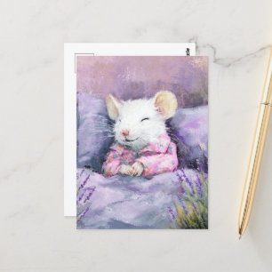Adorable Sleeping White Mouse in PJs Postcard