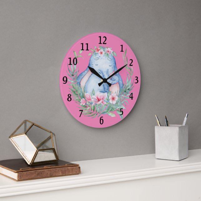 Adorable Sleepy Elephant PInk Floral Baby Nursery Large Clock (Office)
