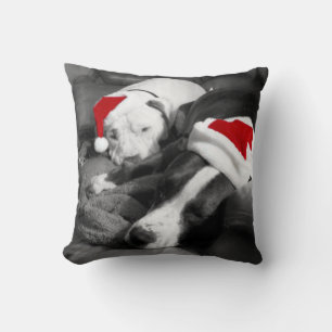 adorable sleepy pitbull puppies santa christmas throw pillow