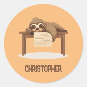 Adorable Sleepy Studying Sloth with Kids Name Classic Round Sticker