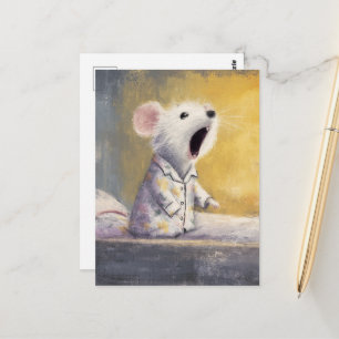 Adorable Sleepy Yawning White Mouse in PJs  Postcard