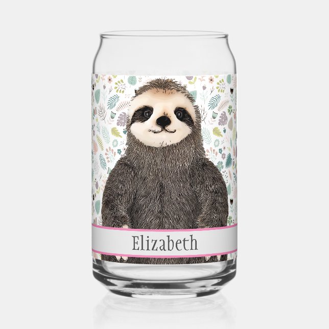 Adorable Sloth Animal Name Pretty Pattern Name Can Glass (Back)