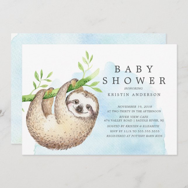 Adorable Sloth Baby shower Invitation (Devant / Derrière)