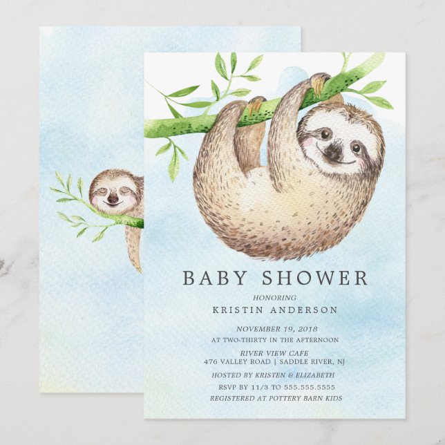 Adorable Sloth Baby shower Invitation (Devant / Derrière)