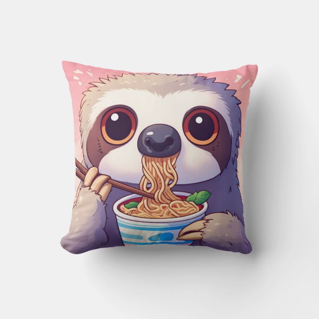 Adorable Sloth Eating Ramen Throw Pillow (Front)