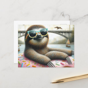 Adorable Sloth floating in a Doughnut Postcard