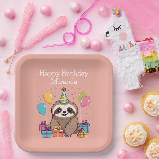 Adorable Sloth Happy Birthday Personalized Pink Paper Plate (Party)