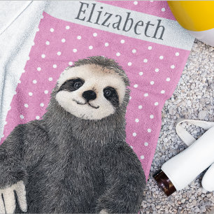Adorable Sloth Teal Name Kid's Animal Beach Towel