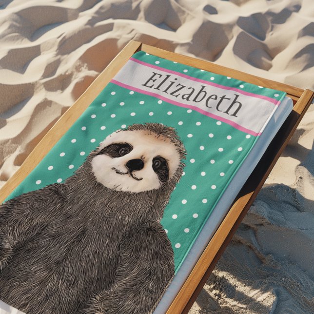 Adorable Sloth Teal Name Kid's Animal Beach Towel (Cute Sloth Vacation Beach Party Animal Towel)