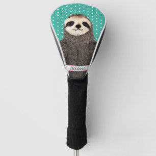 Adorable Sloth Teal Name Kids Animal Colourful Cut Golf Head Cover