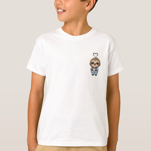 Adorable Sloth Wearing Blue Striped Pajamas T-Shirt (Front)