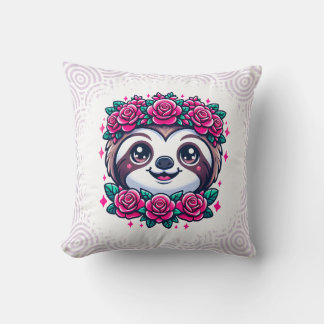 Adorable Sloth with Floral Crown Throw Pillow