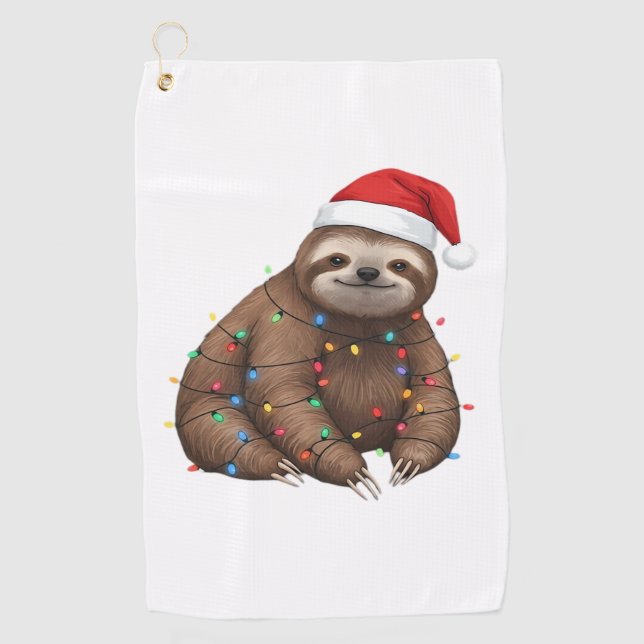 Adorable Sloth Wrapped in Holiday Lights Classic T Golf Towel (Front)