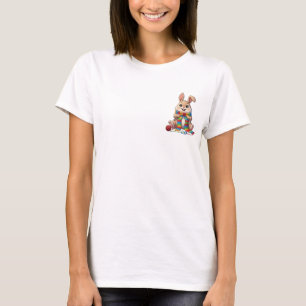 Adorable Smiling Bunny Knitting a Colorful Rainbow T-Shirt