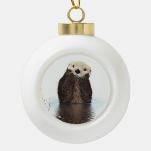 Adorable Smiling Otter in Lake Ceramic Ball Christmas Ornament