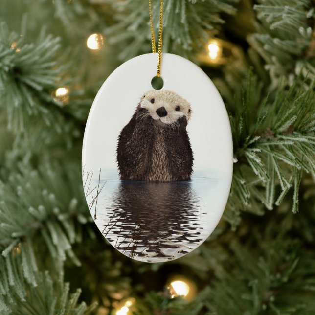 Adorable Smiling Otter in Lake Ceramic Ornament (Tree)