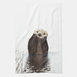 Adorable Smiling Otter in Lake Kitchen Towel