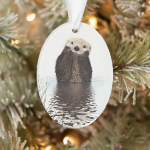 Adorable Smiling Otter in Lake Ornament