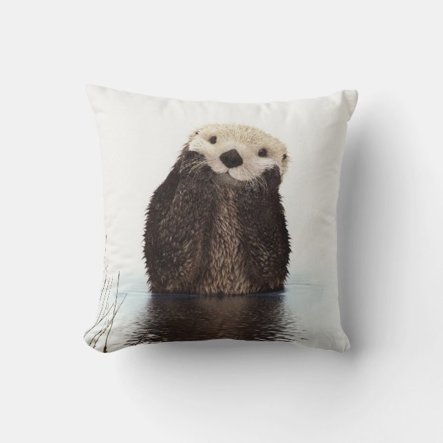 Adorable Smiling Otter in Lake Throw Pillow (Front)
