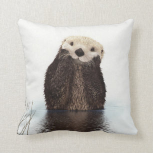 Adorable Smiling Otter in Lake Throw Pillow