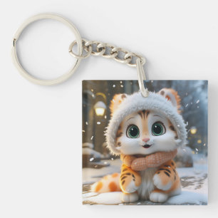 Adorable Snow Leopard with an Orange Ha Keychain