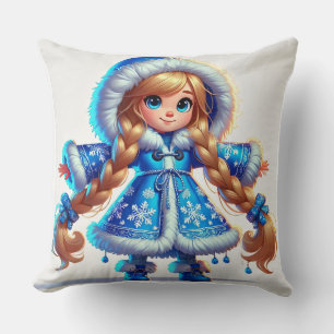Adorable snow maiden in Blue Coat Throw Pillow