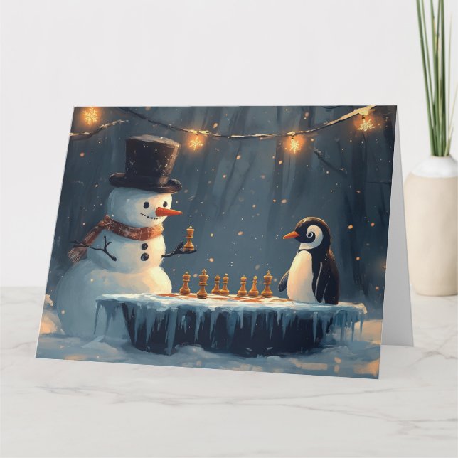 Adorable Snowman and Penguin Playing Chess Card (Front)