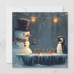 Adorable Snowman and Penguin Playing Chess Holiday Card