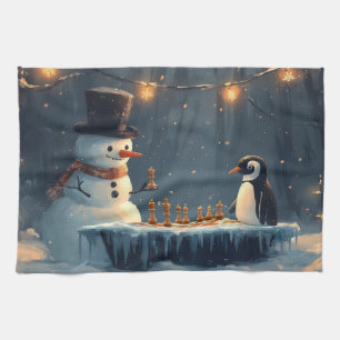 Adorable Snowman and Penguin Playing Chess Kitchen Towel